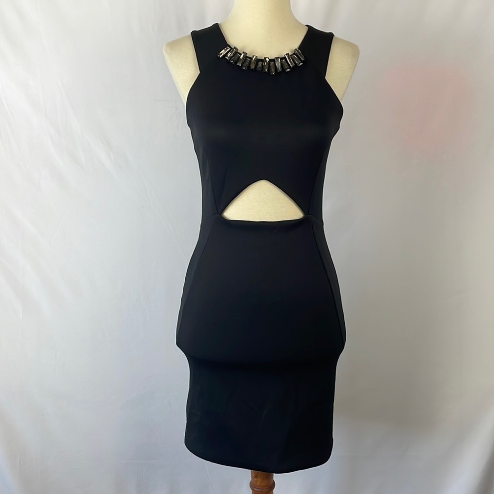 TOPSHOP Black Scuba Sheath Dress with Cutout & Neckline Embellishment - Size 4